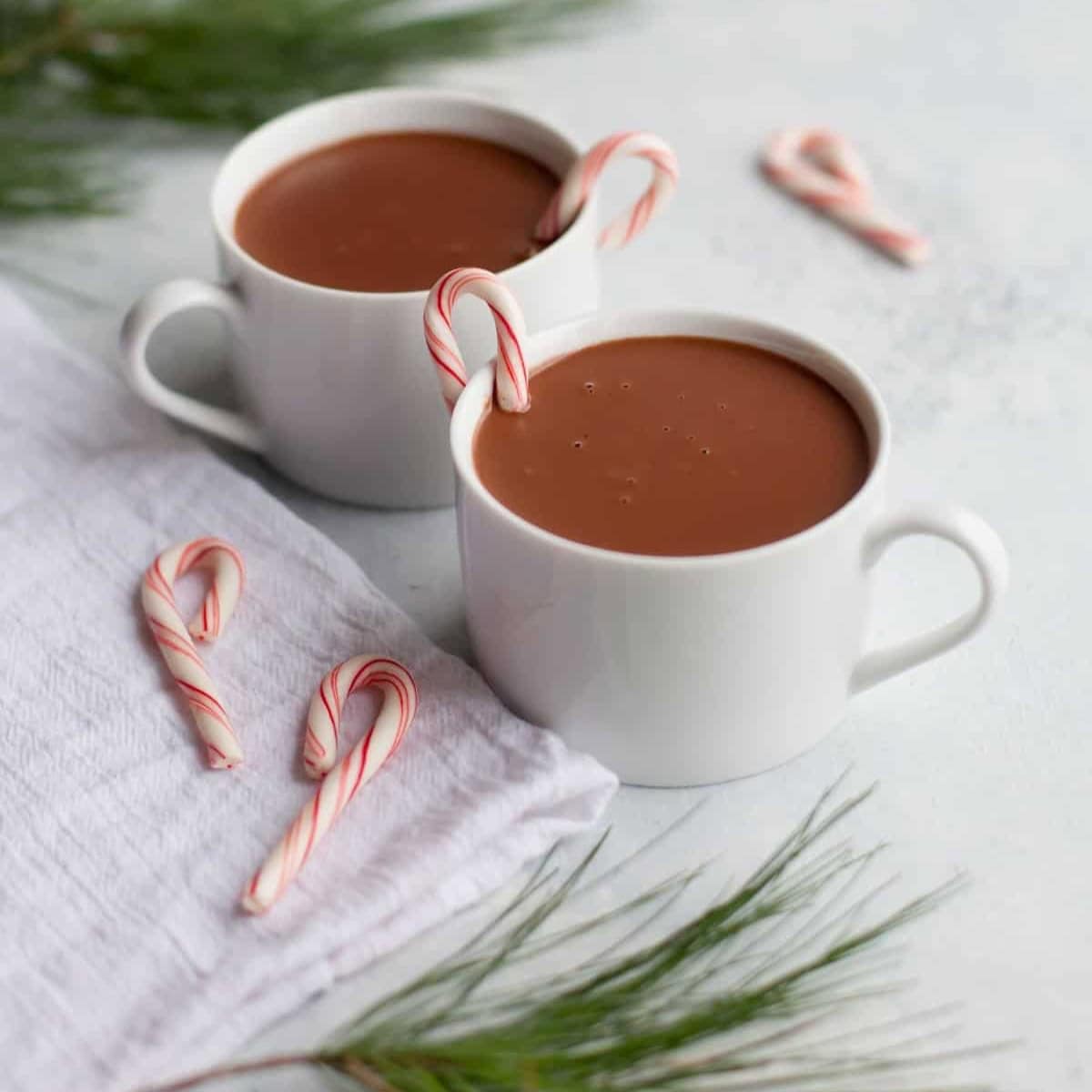 Two mugs of peppermint hot chocolate garnished with mini candy canes.