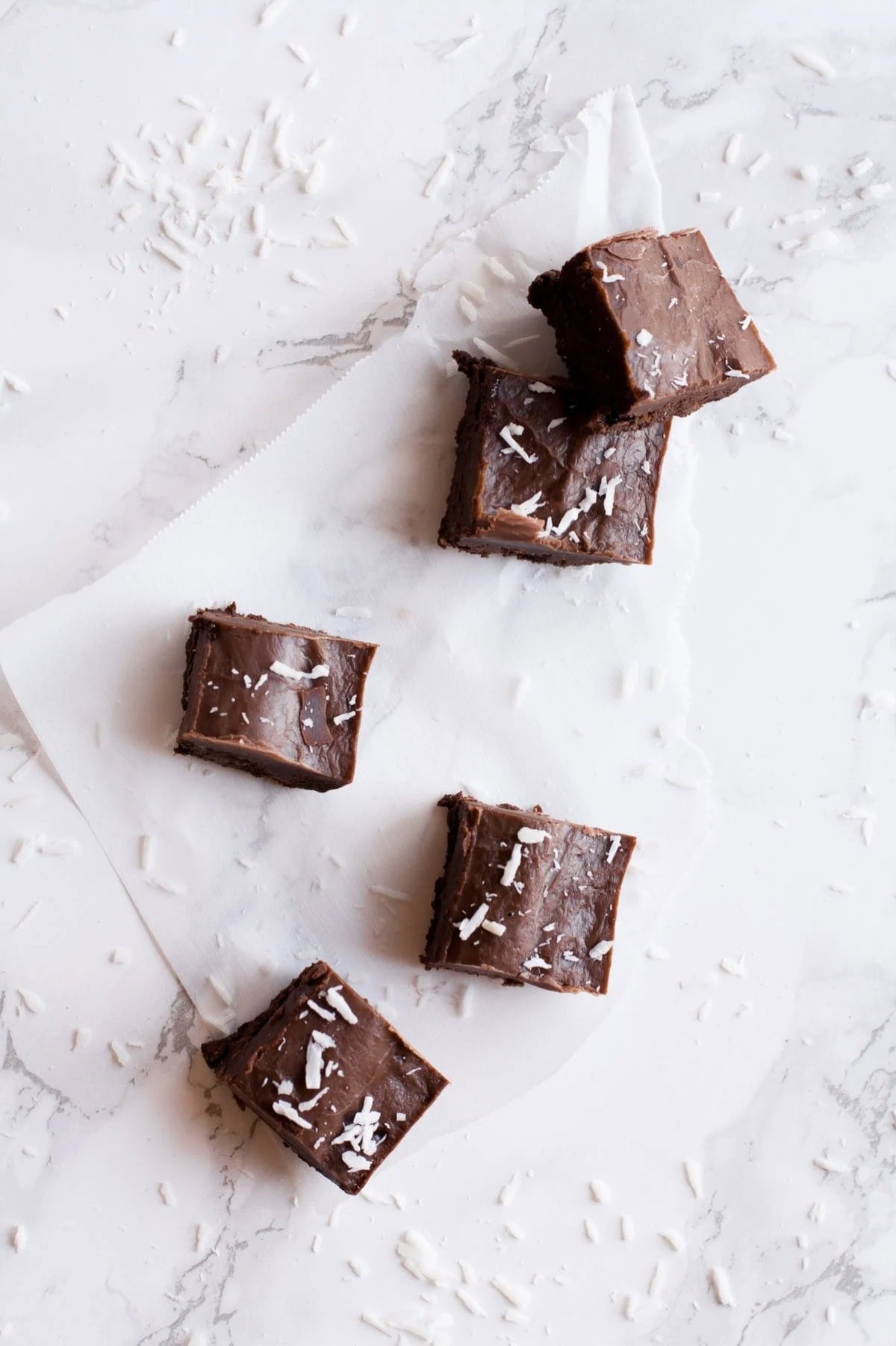 Squares of chocolate fudge with coconut shreds.