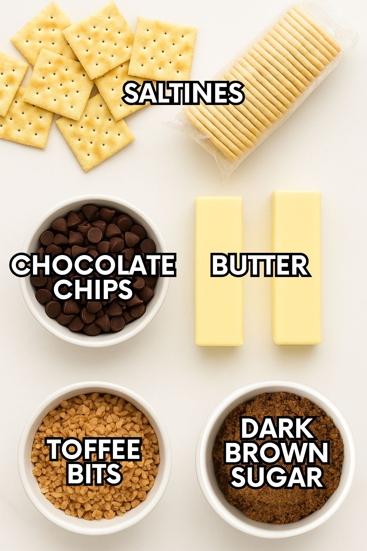 Ingredients for saltine cracker toffee: saltines, chocolate chips, butter, toffee bits, dark brown sugar.