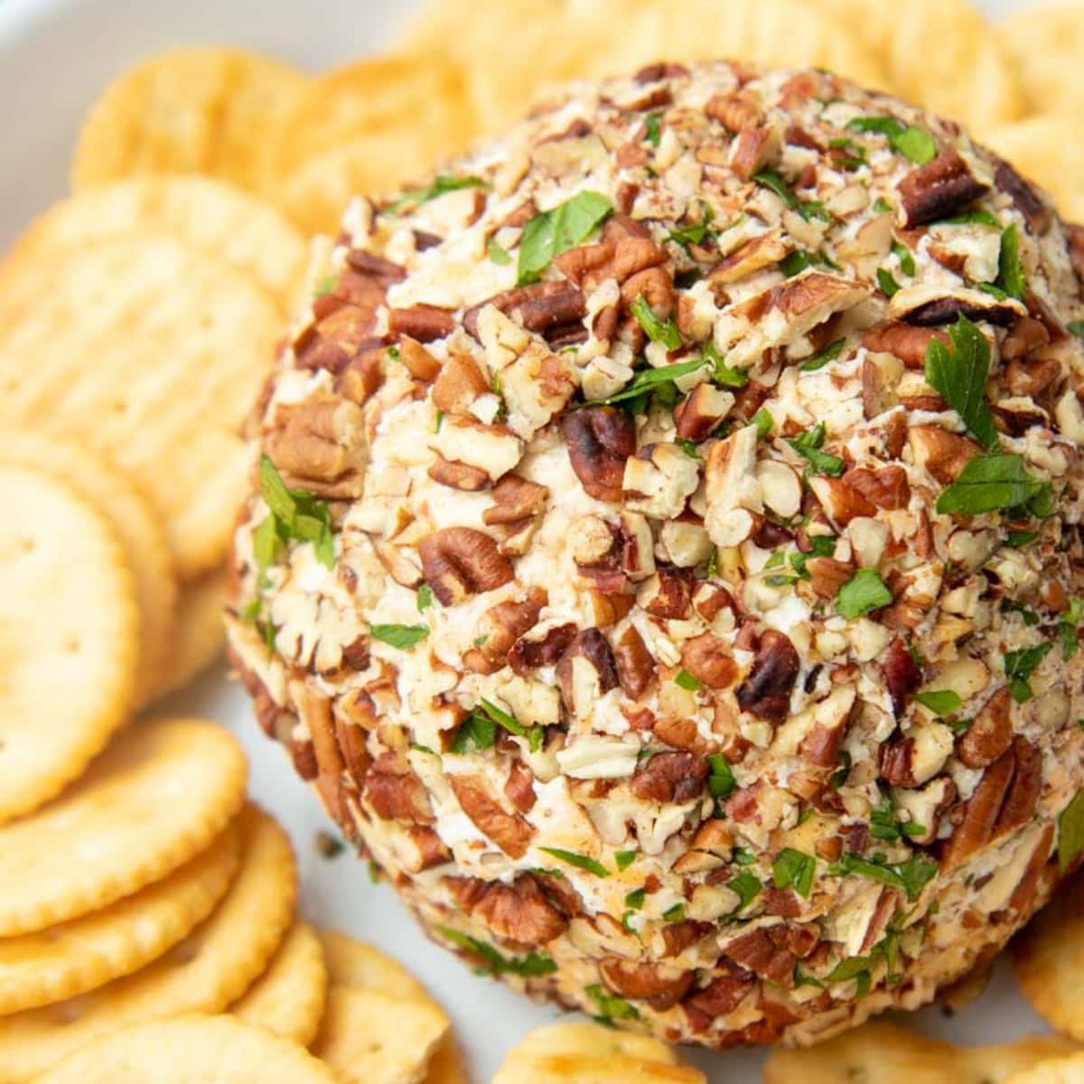 A simple cheese ball on a plate surrounded by buttery crackers.