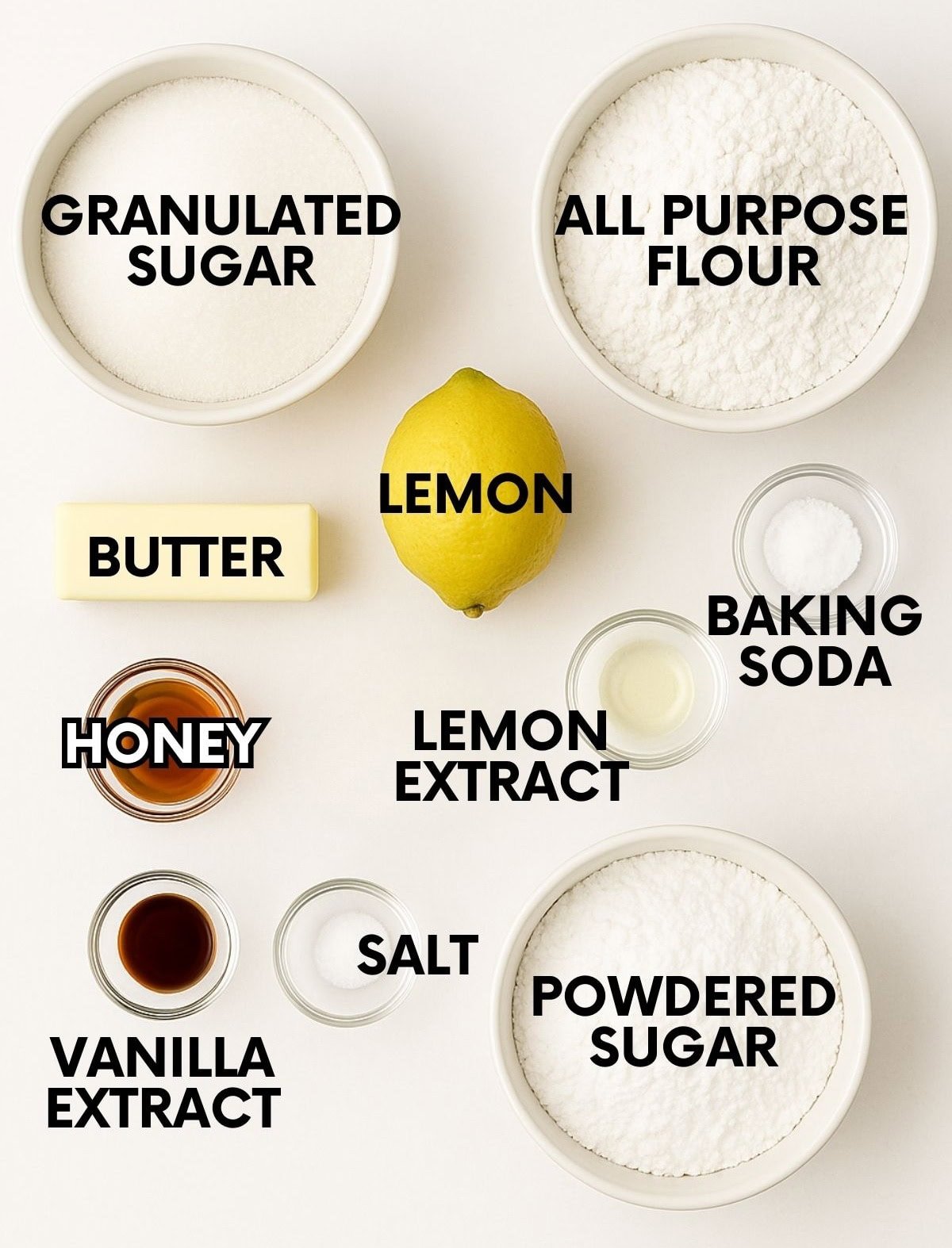 Ingredients for a lemon crinkle cookie recipe: sugar, flour, butter, lemon, baking soda, lemon extract, honey, vanilla, salt, powdered sugar.
