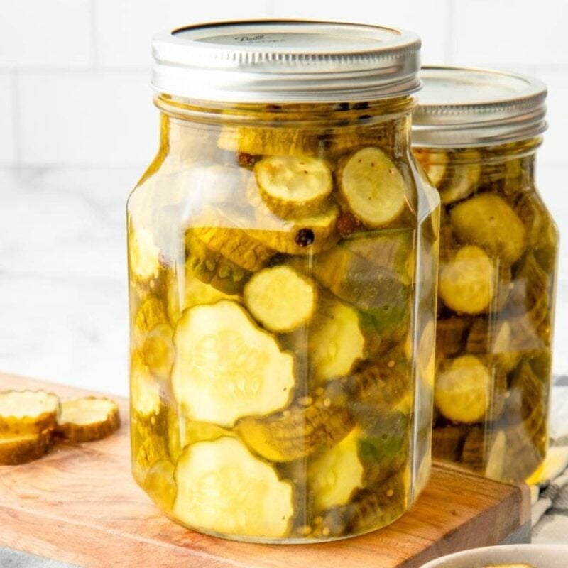 Close up on a canning jar of bread and butter pickles
